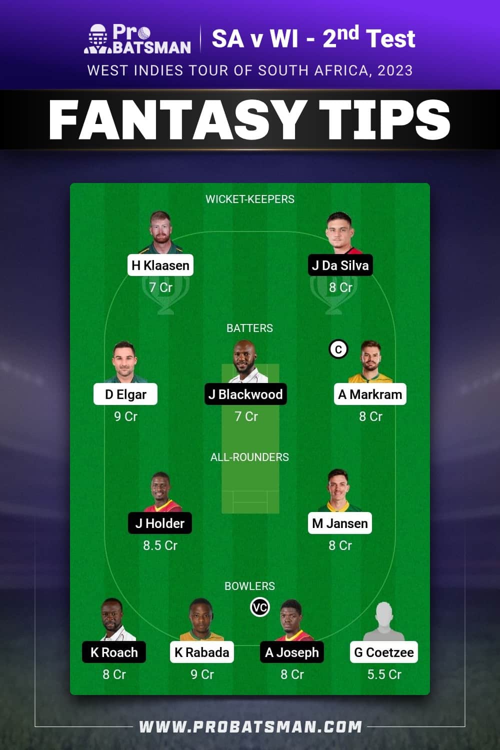 SA vs WI Dream11 Prediction - Fantasy Team 1