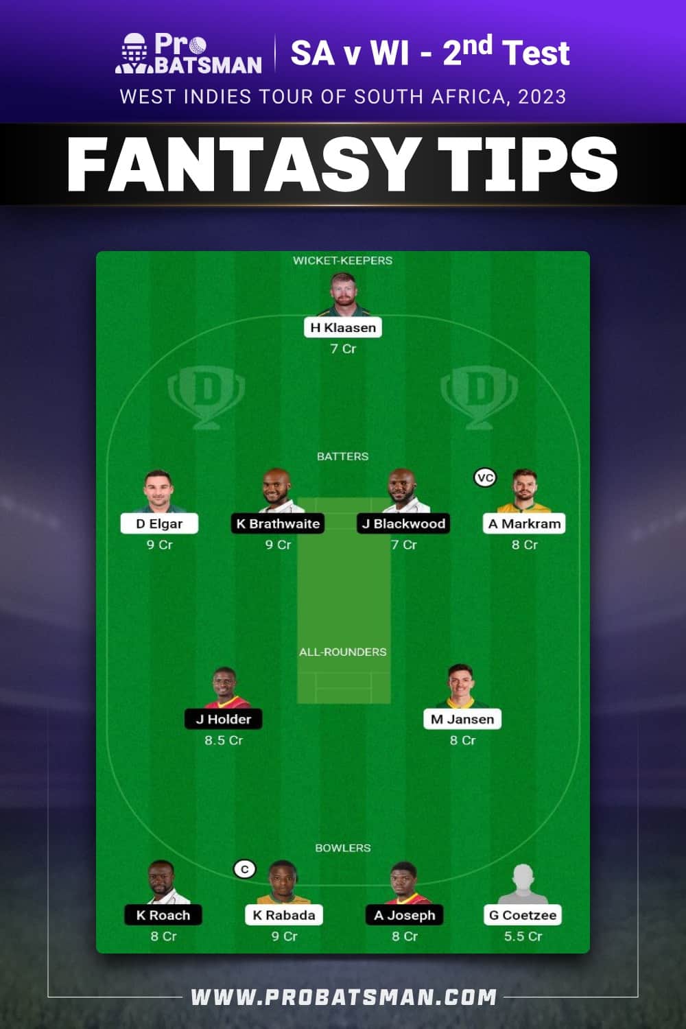 SA vs WI Dream11 Prediction - Fantasy Team 2