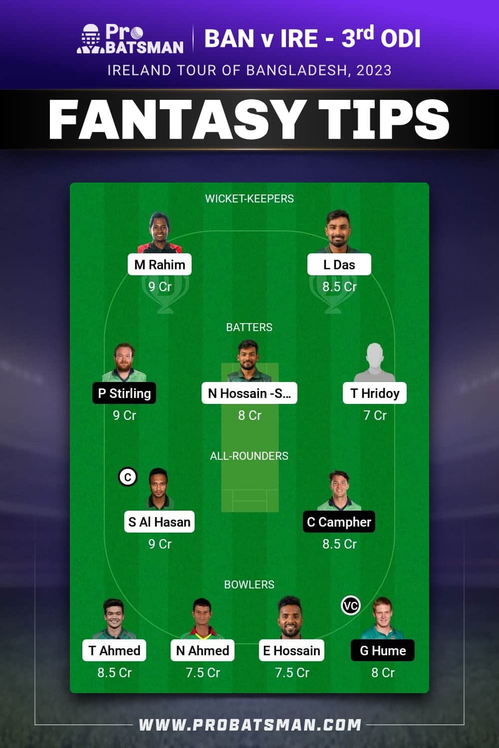 BAN vs IRE Dream11 Prediction  - Fantasy Team 1