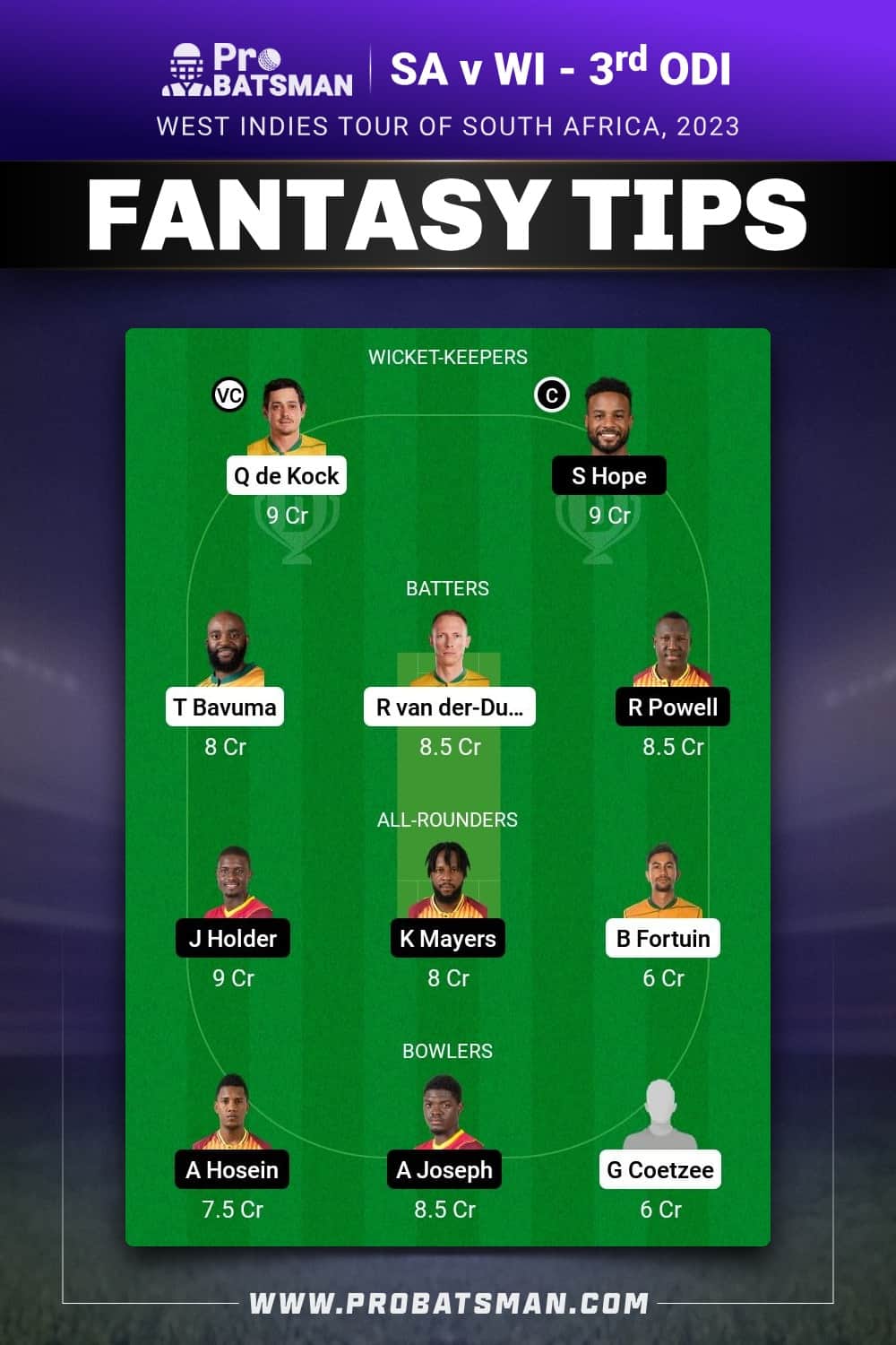 SA vs WI Dream11 Prediction - Fantasy Team 1