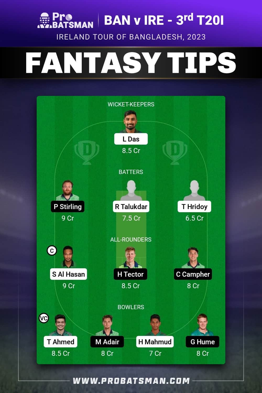 BAN vs IRE Dream11 Prediction - Fantasy Team 1