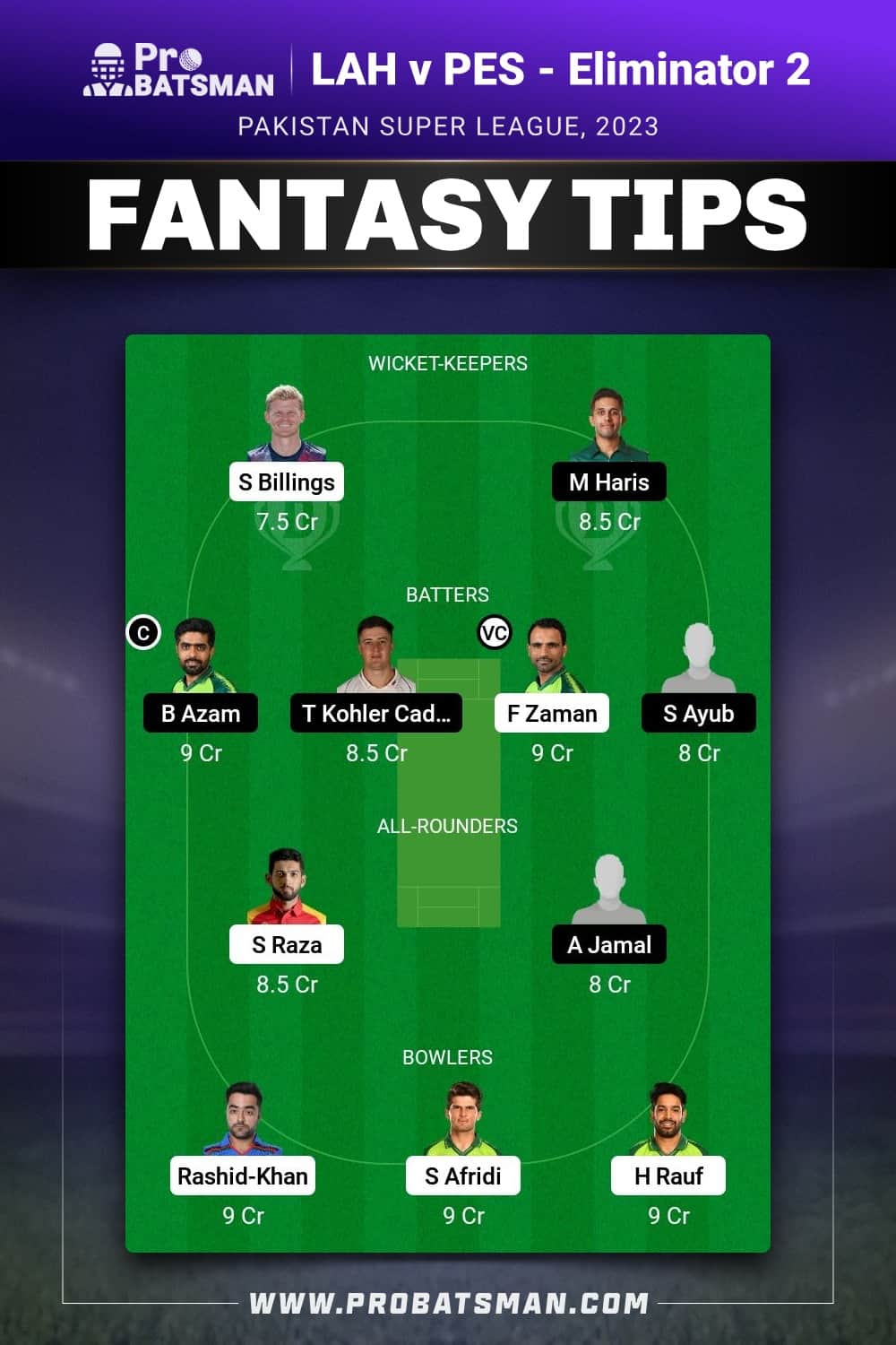 LAH vs PES Dream11 Prediction - Fantasy Team 1