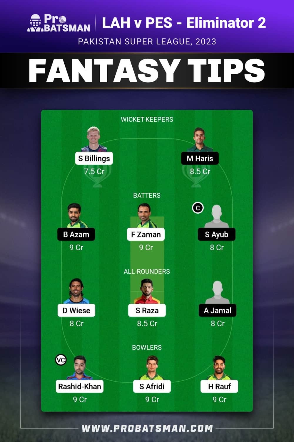 LAH vs PES Dream11 Prediction - Fantasy Team 2