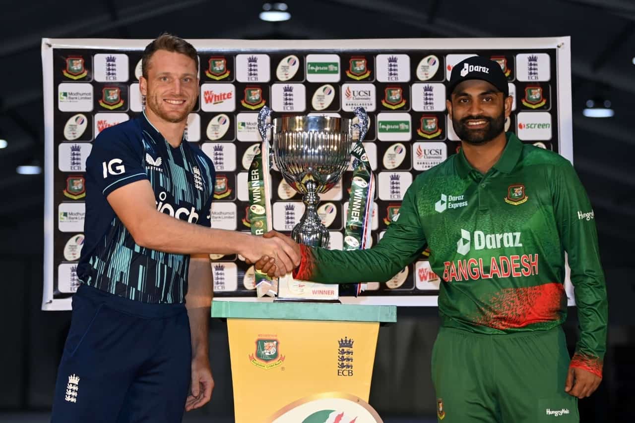 BAN vs ENG Dream11 Prediction With Stats, Pitch Report & Player Record of England tour of Bangladesh, 2023 For 2nd T20I Jos Buttler of England & Tamim Iqbal of Bangladesh with Series trophy of England Tour of Bangladesh 2023
