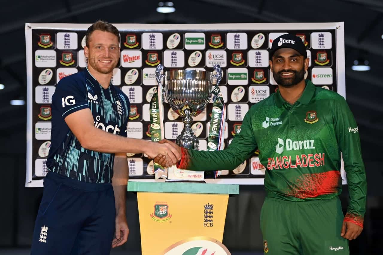 Jos Buttler of England & Tamim Iqbal of Bangladesh with Series trophy of England Tour of Bangladesh 2023