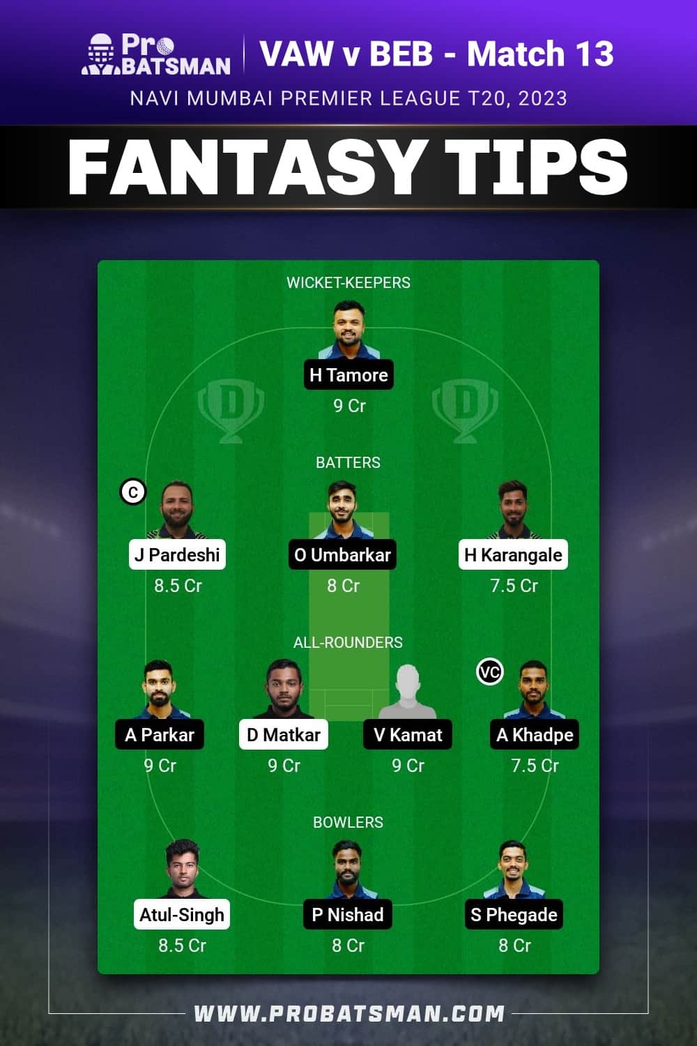 VAW vs BEB Dream11 Prediction - Fantasy Team 1