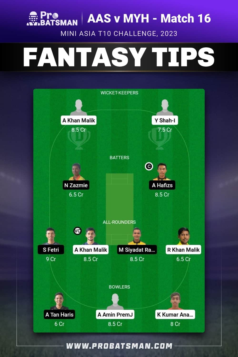 AAS vs MYH Dream11 Prediction  - Fantasy Team 1