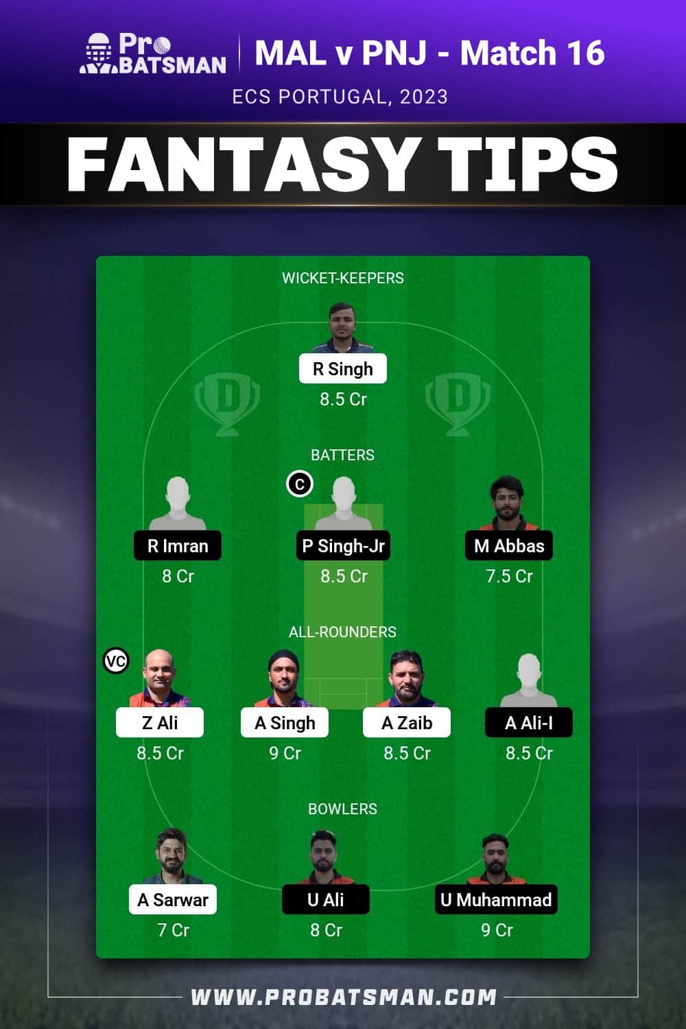 MAL vs PNJ Dream11 Prediction With Stats, Pitch Report & Player Record of ECS Portugal, 2023 For Match 16 MAL vs PNJ Dream11 Prediction - Fantasy Team 1