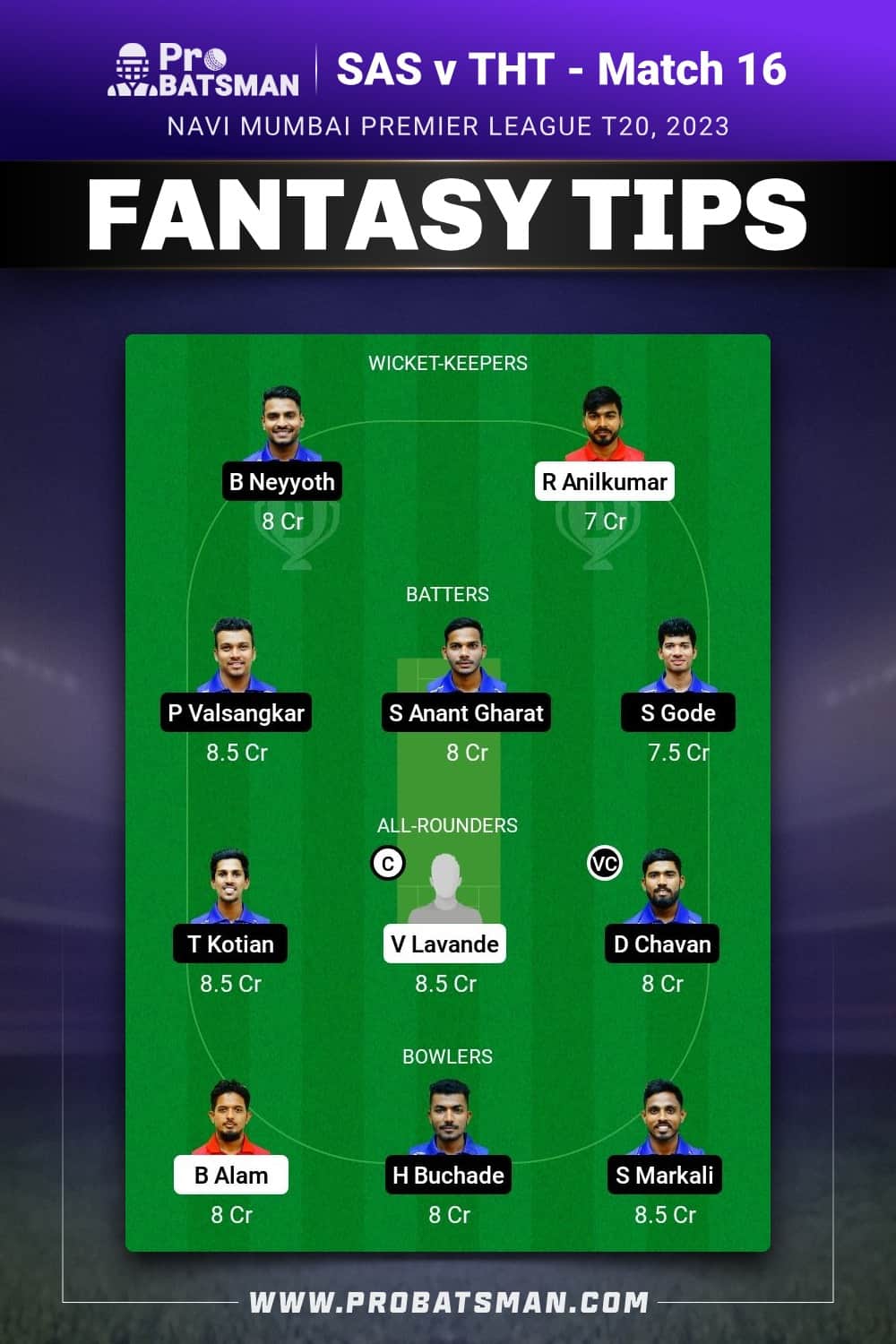 SAS vs THT Dream11 Prediction - Fantasy Team 1