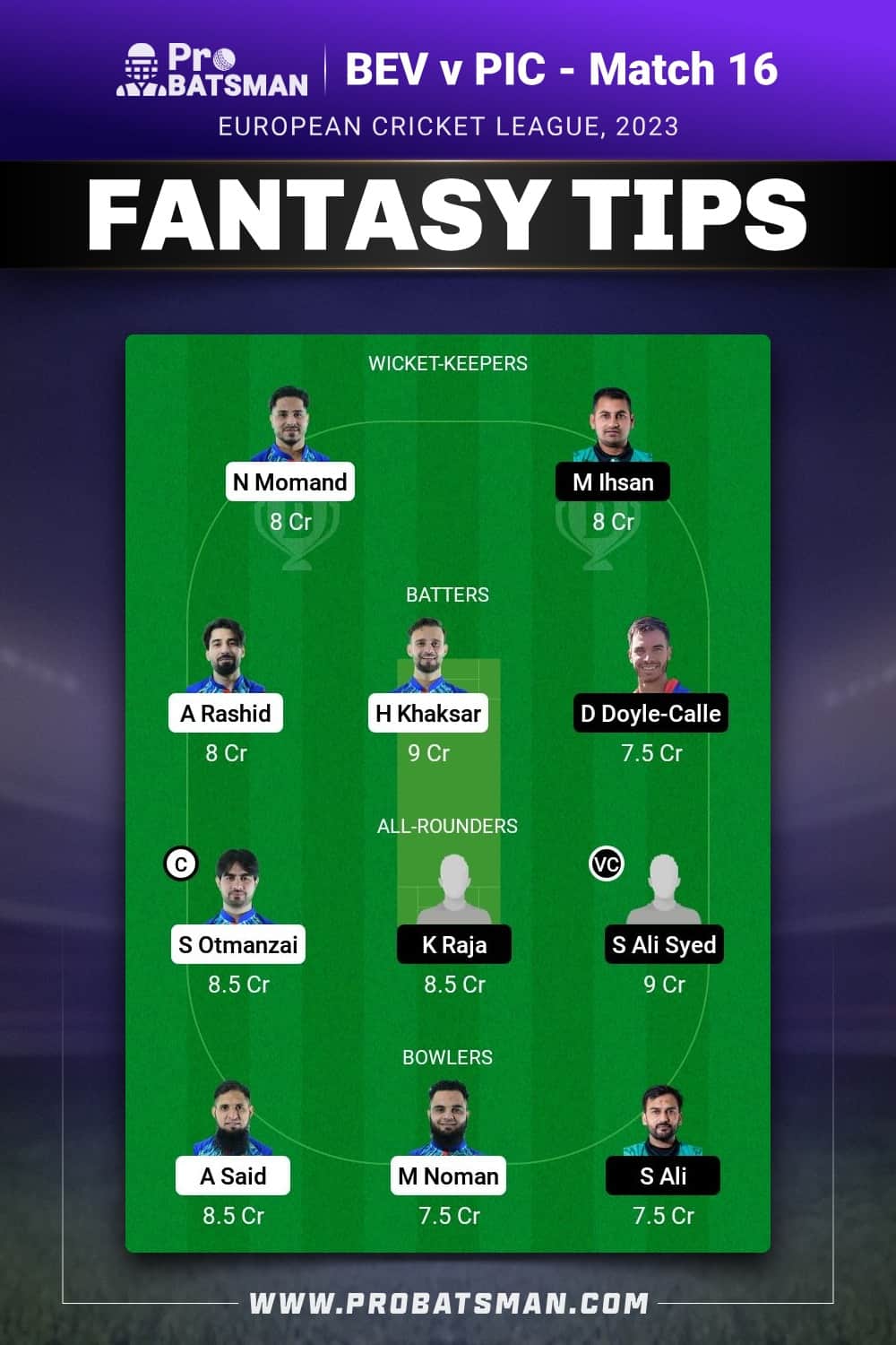 BEV vs PIC Dream11 Prediction - Fantasy Team 1 BEV vs PIC Dream11 Prediction - Fantasy Team 1