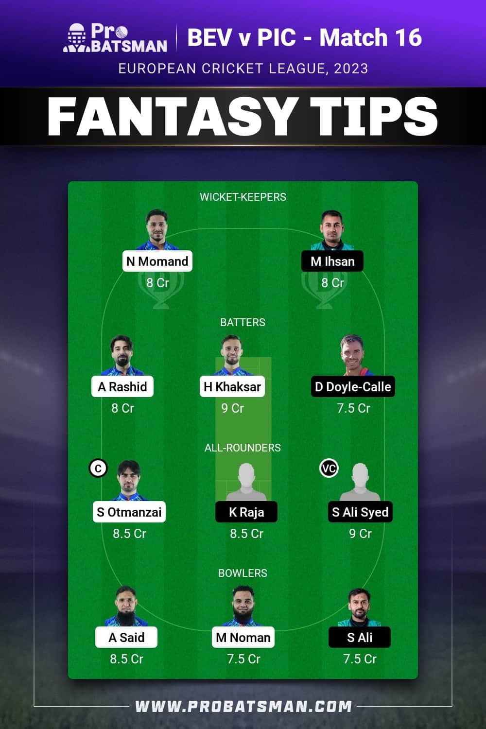 BEV vs PIC Dream11 Prediction - Fantasy Team 1