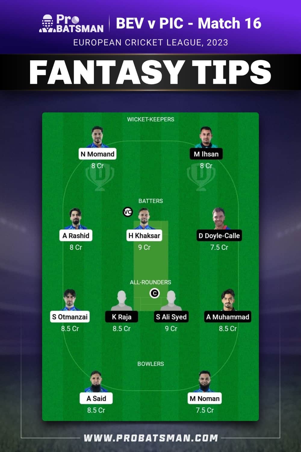 BEV vs PIC Dream11 Prediction - Fantasy Team 2