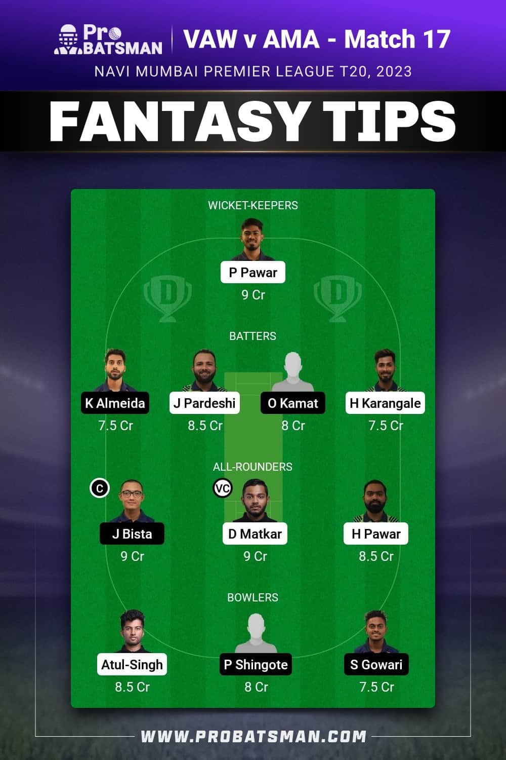 VAW vs AMA Dream11 Prediction - Fantasy Team 1 VAW vs AMA Dream11 Prediction - Fantasy Team 1