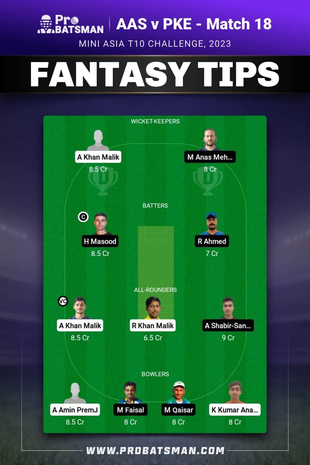 AAS vs PKE Dream11 Prediction - Fantasy Team 1