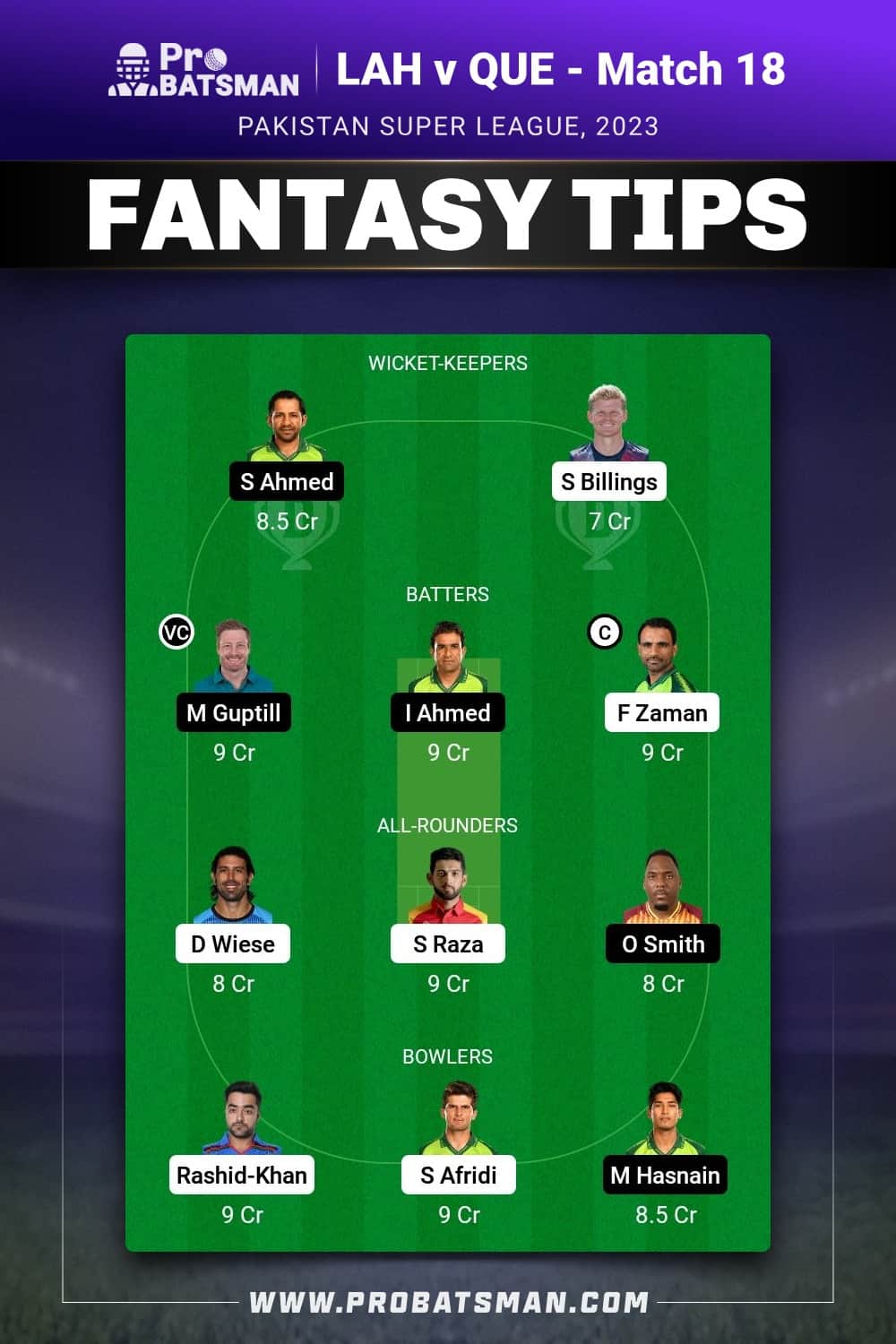 LAH vs QUE Dream11 Prediction - Fantasy Team 1