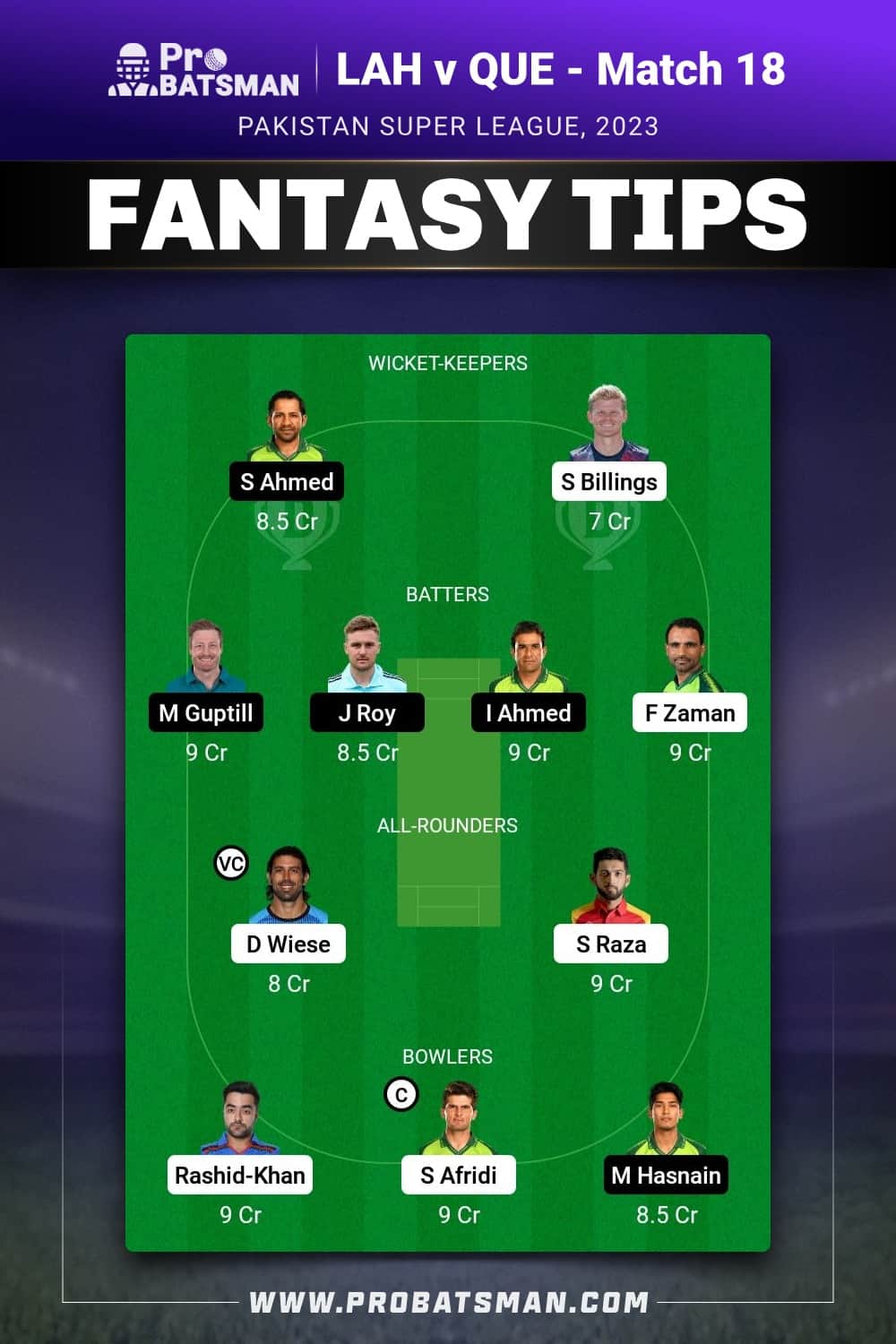 LAH vs QUE Dream11 Prediction - Fantasy Team 2