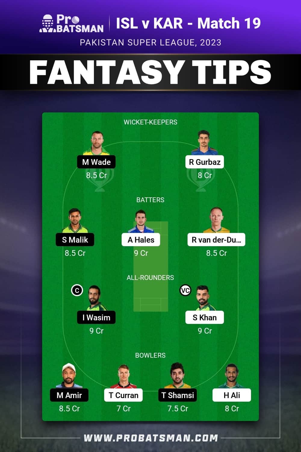 ISL vs KAR Dream11 Prediction - Fantasy Team 1