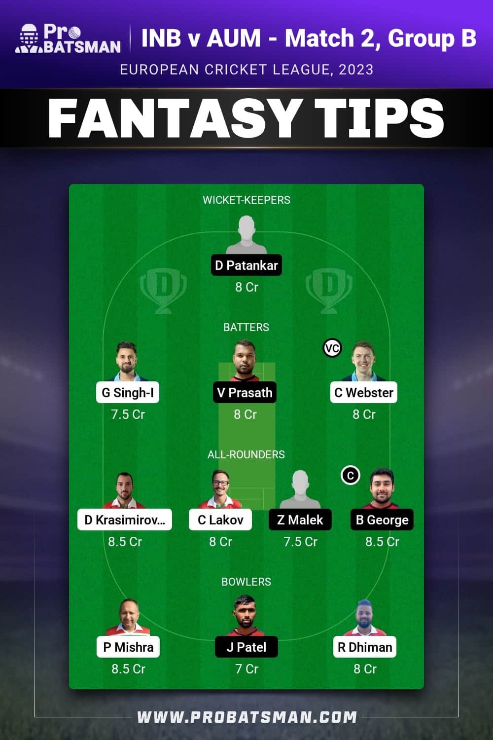 INB vs AUM Dream11 Prediction - Fantasy Team 1