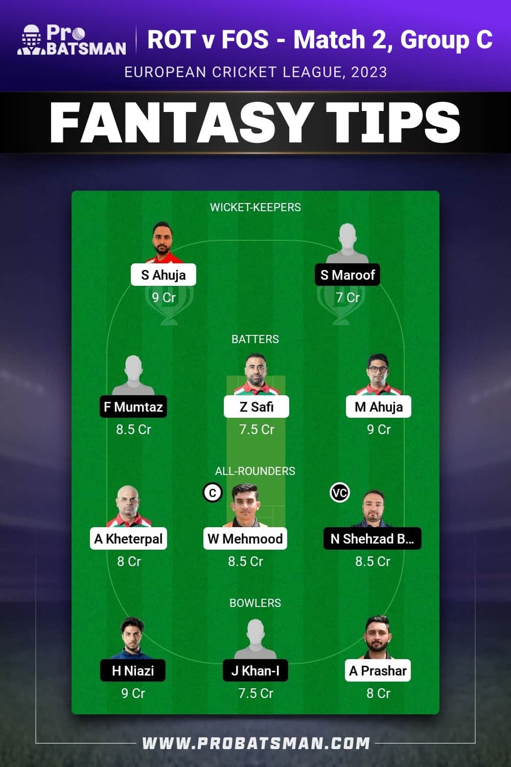 ROT vs FOS Dream11 Prediction - Fantasy Team 1