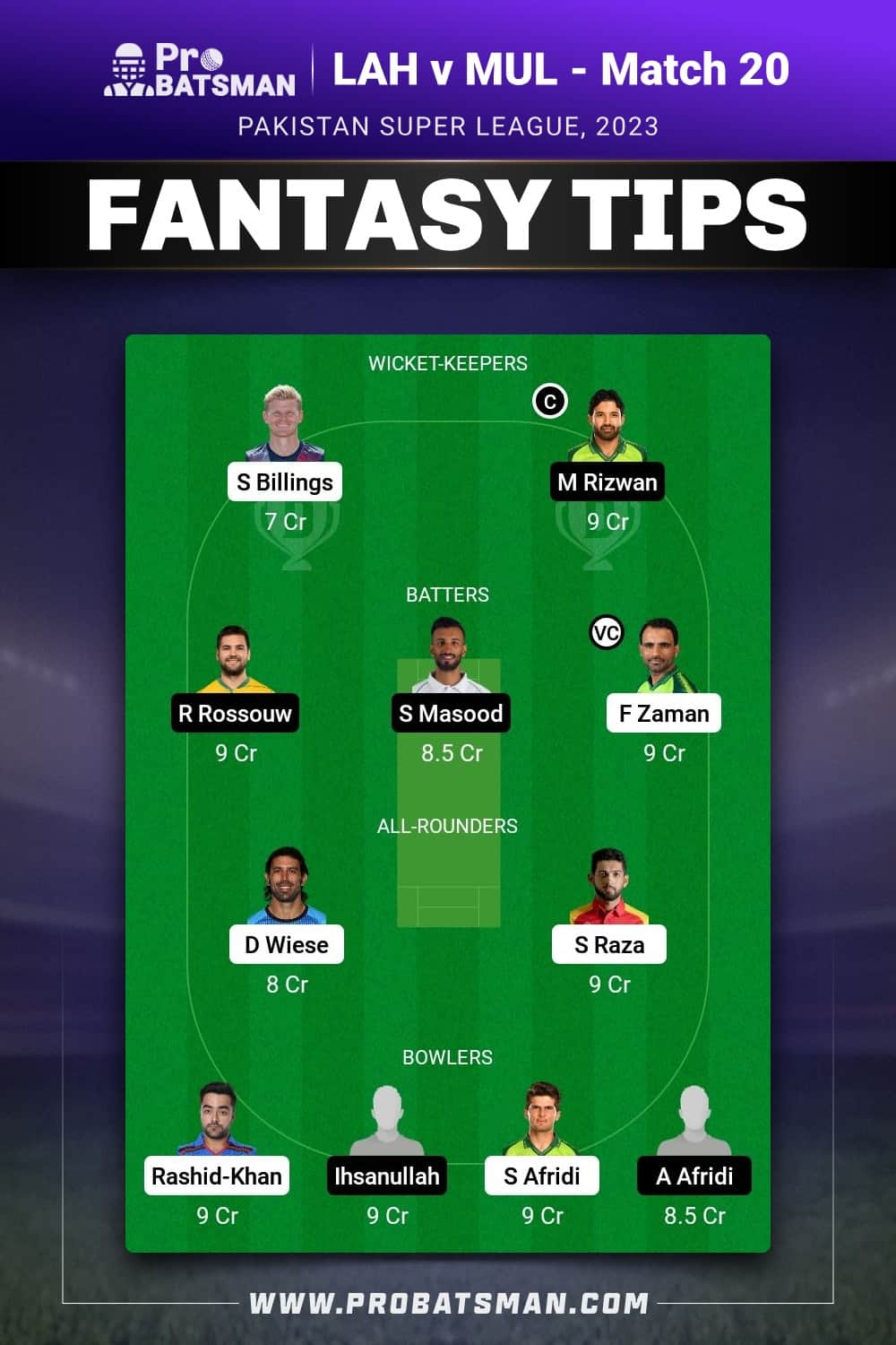 LAH vs MUL Dream11 Prediction - Fantasy Team 1