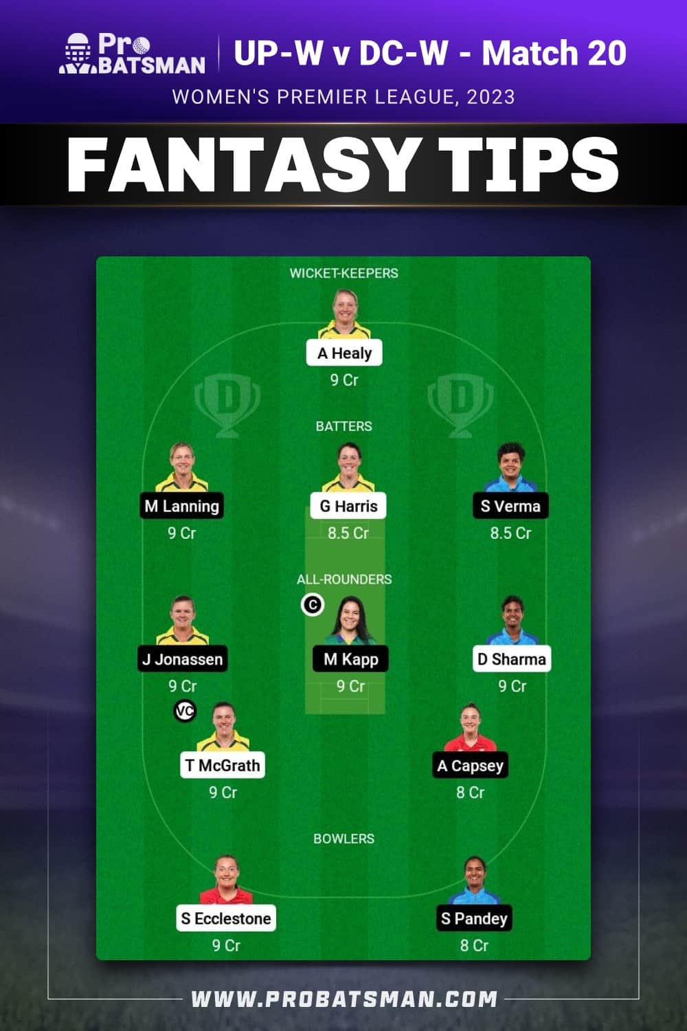 UP-W vs DC-W Dream11 Prediction - Fantasy Team 1