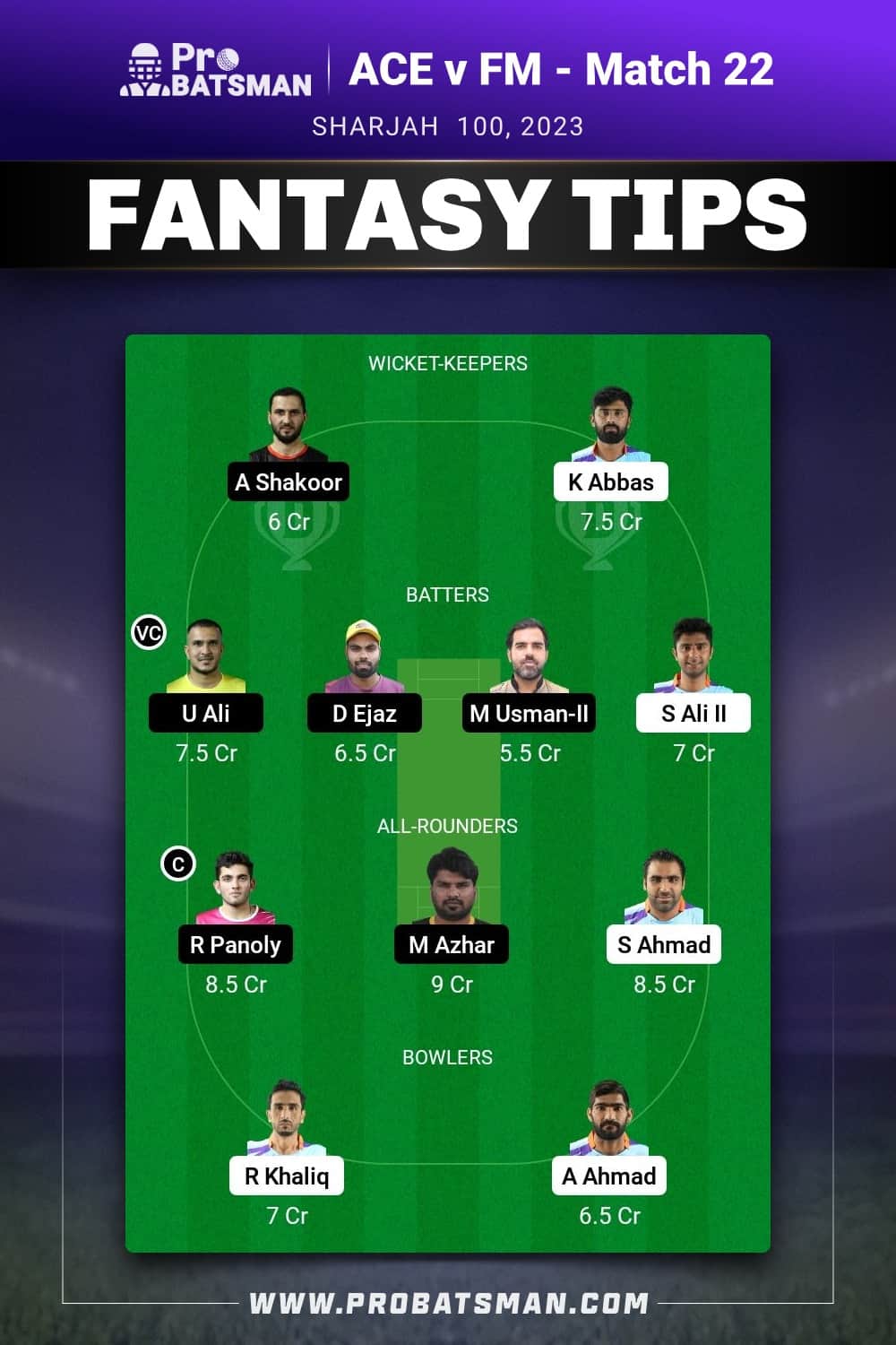 ACE vs FM Dream11 Prediction - Fantasy Team 1