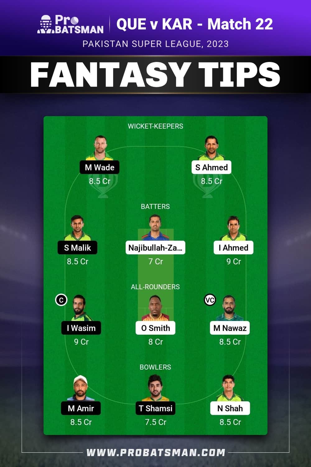 QUE vs KAR Dream11 Prediction - Fantasy Team 1