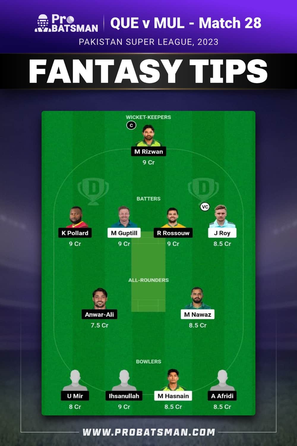 QUE vs MUL Dream11 Prediction - Fantasy Team 1