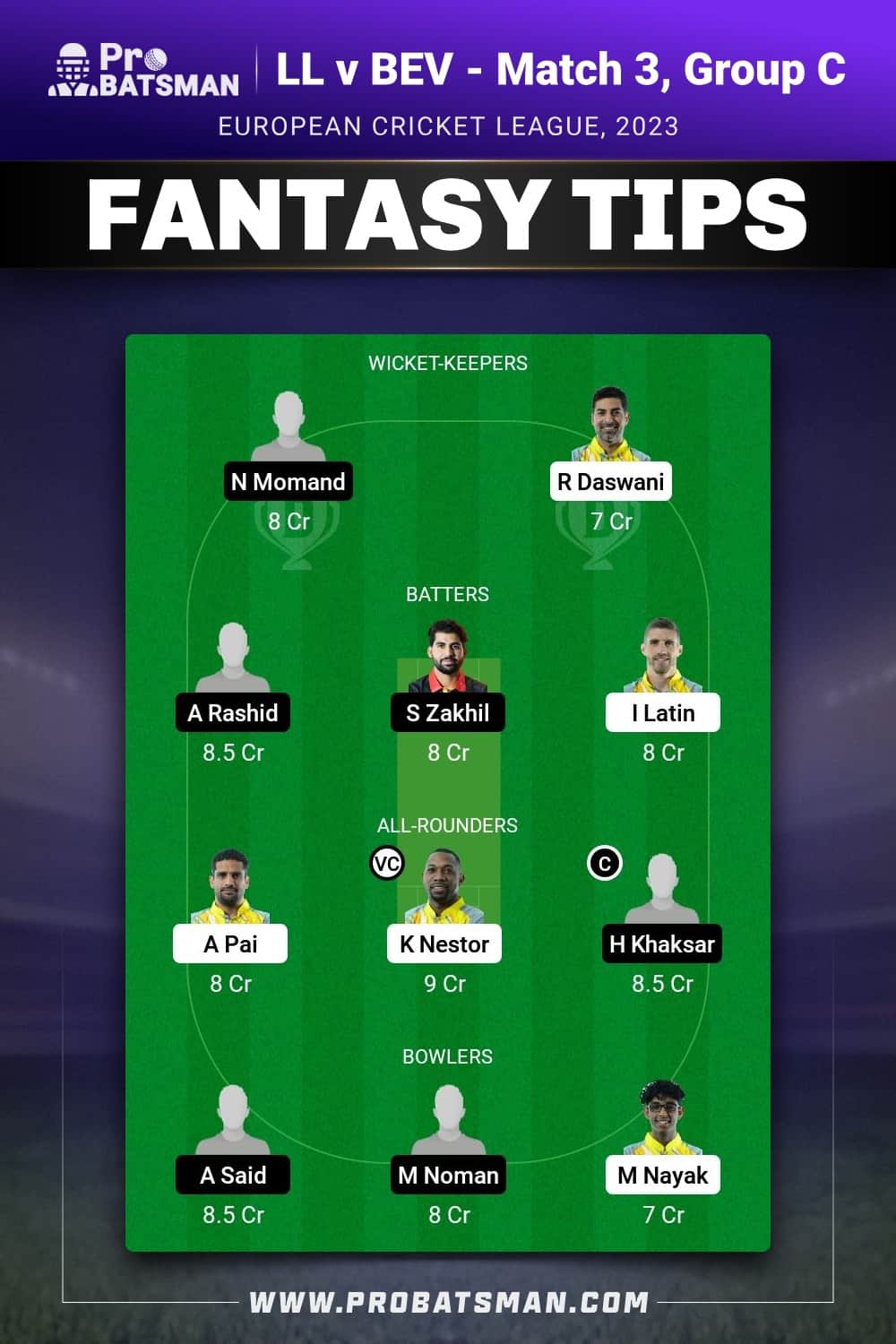 LL vs BEV Dream11 Prediction - Fantasy Team 2