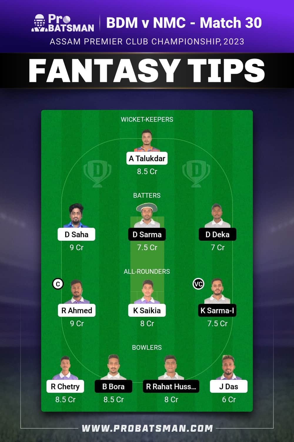 BDM vs NMC Dream11 Prediction - Fantasy Team 1