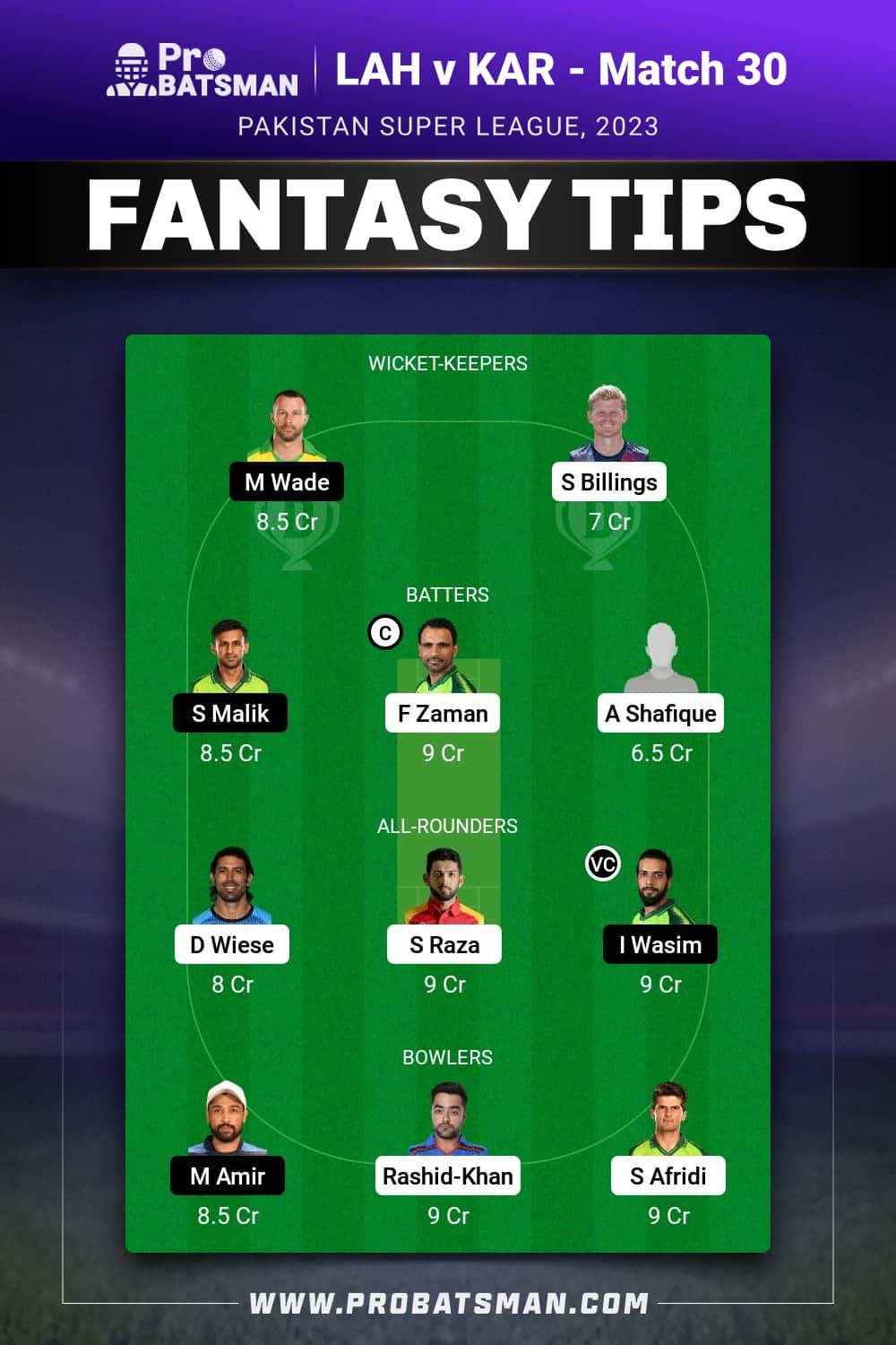 LAH vs KAR Dream11 Prediction - Fantasy Team 1