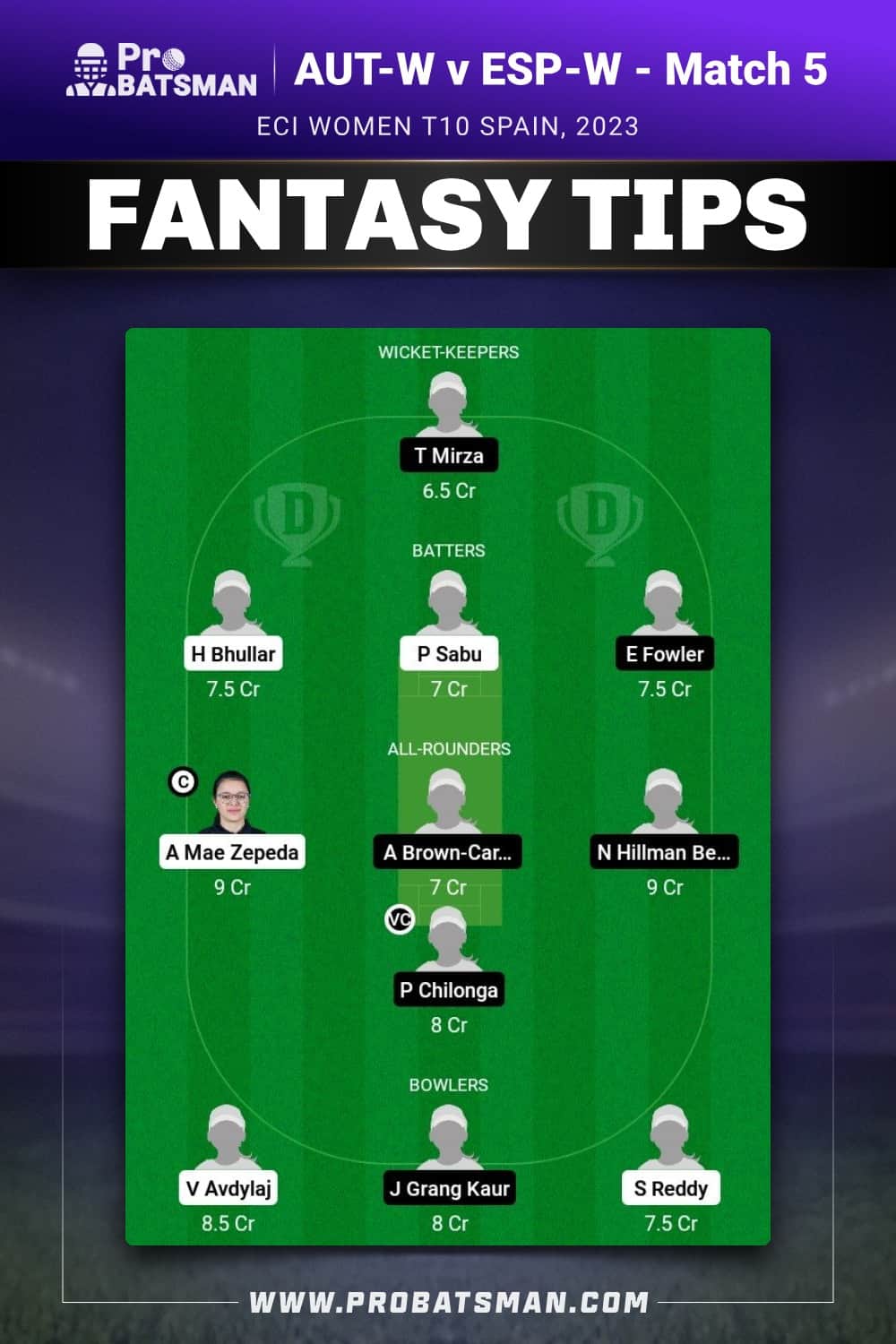 AUT-W vs ESP-W Dream11 Prediction - Fantasy Team 2