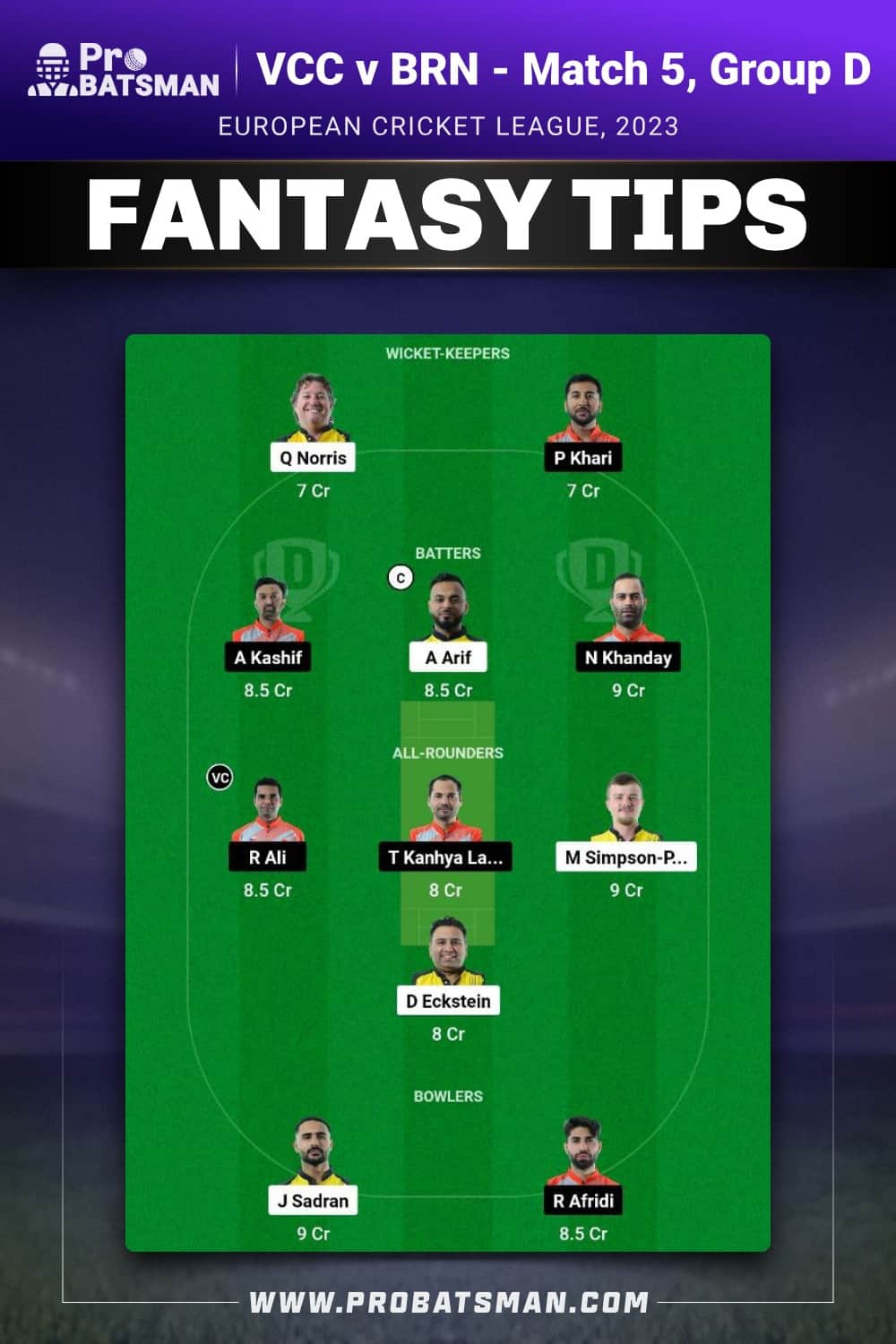 VCC vs BRN Dream11 Prediction - Fantasy Team 1