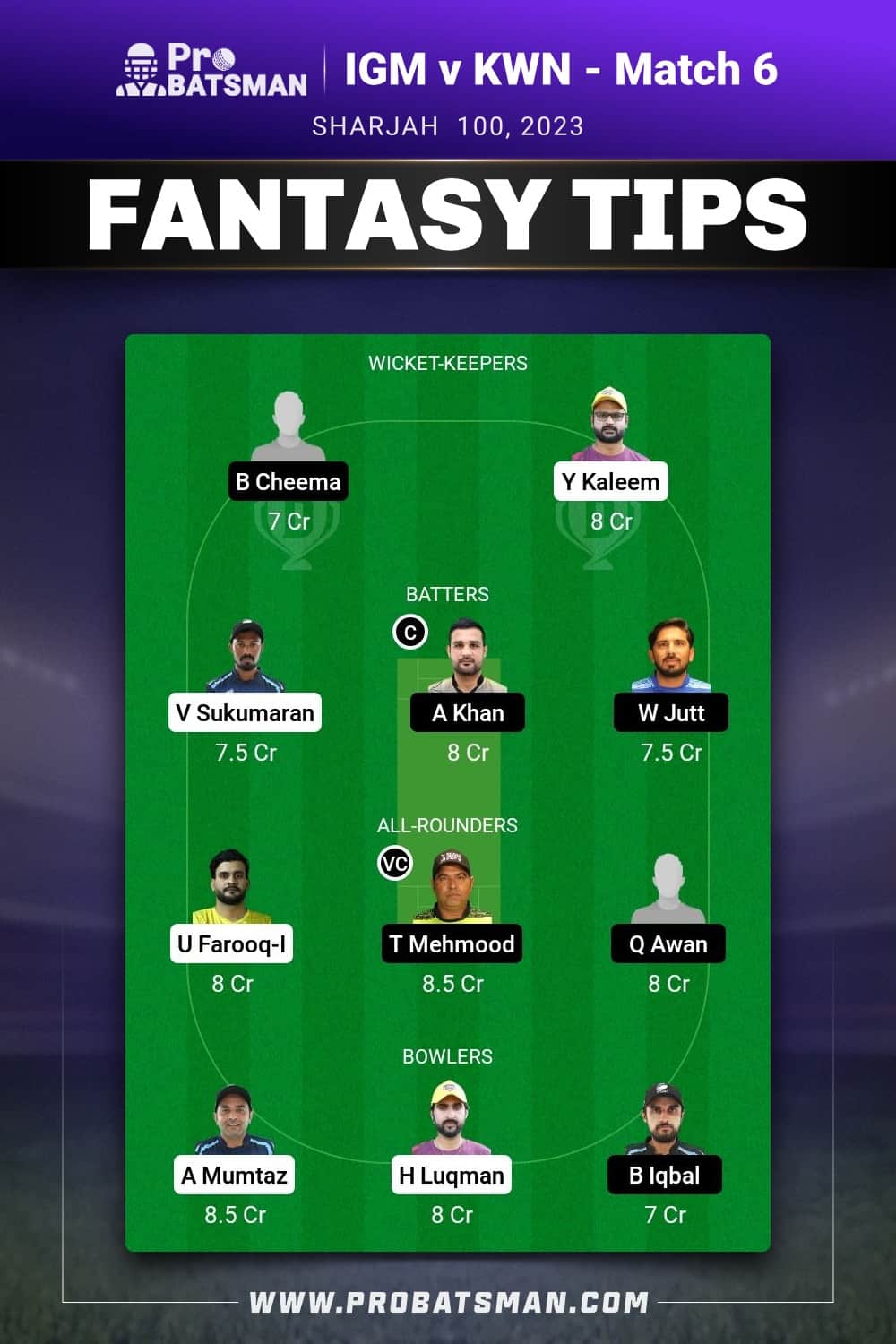 IGM vs KWN Dream11 Prediction - Fantasy Team 1