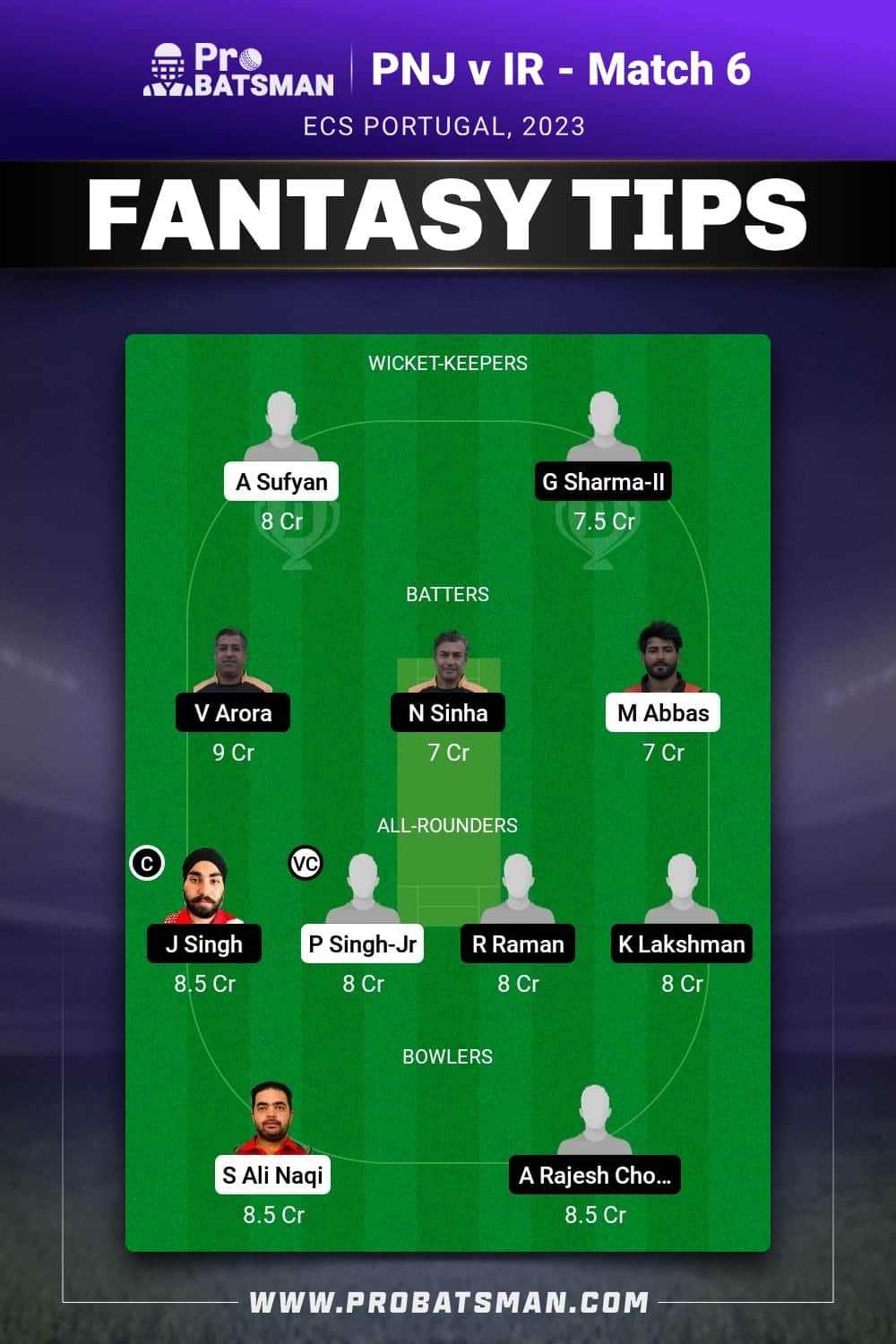 PNJ vs IR Dream11 Prediction - Fantasy Team 1