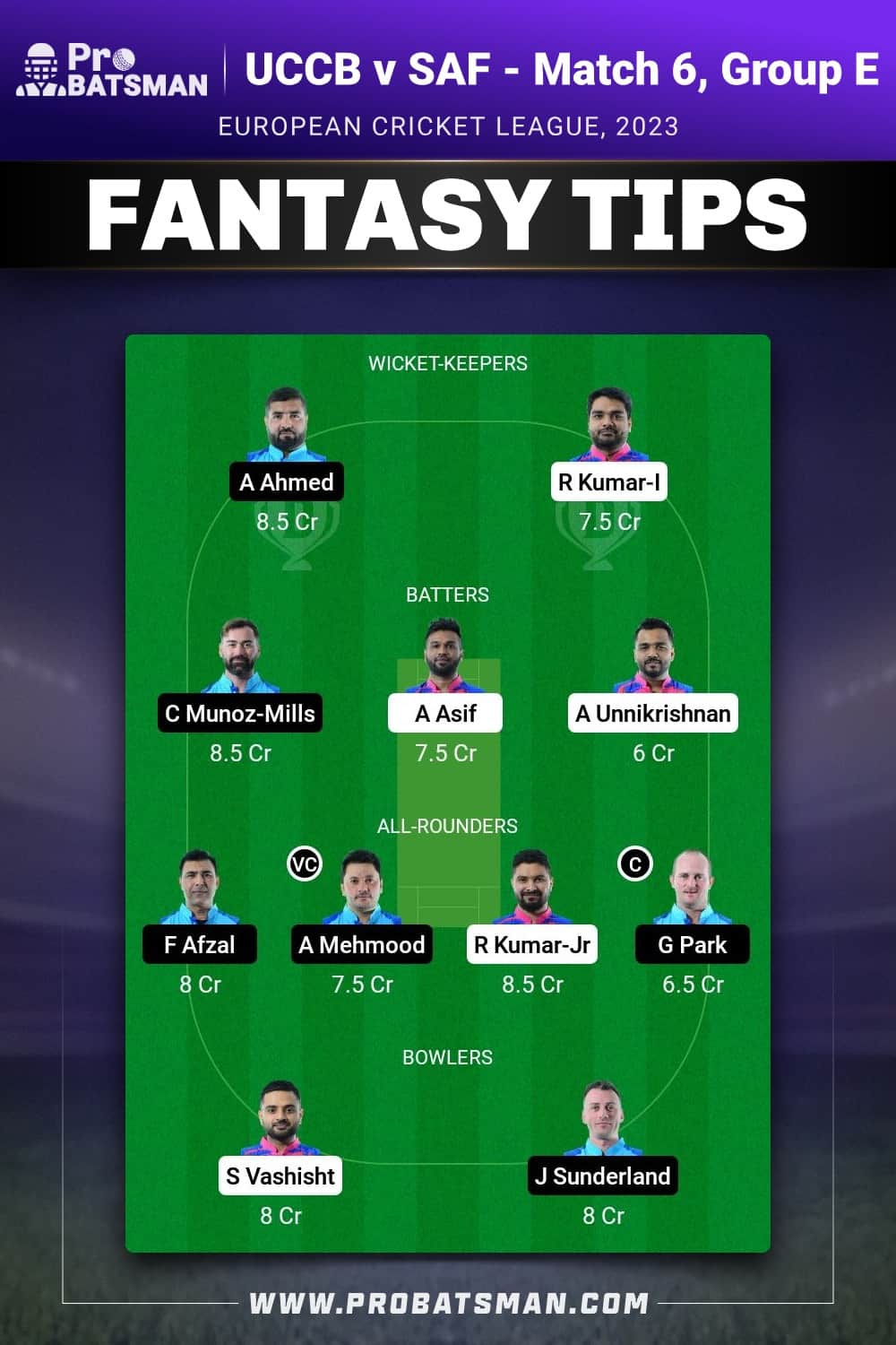 UCCB vs SAF Dream11 Prediction - Fantasy Team 1