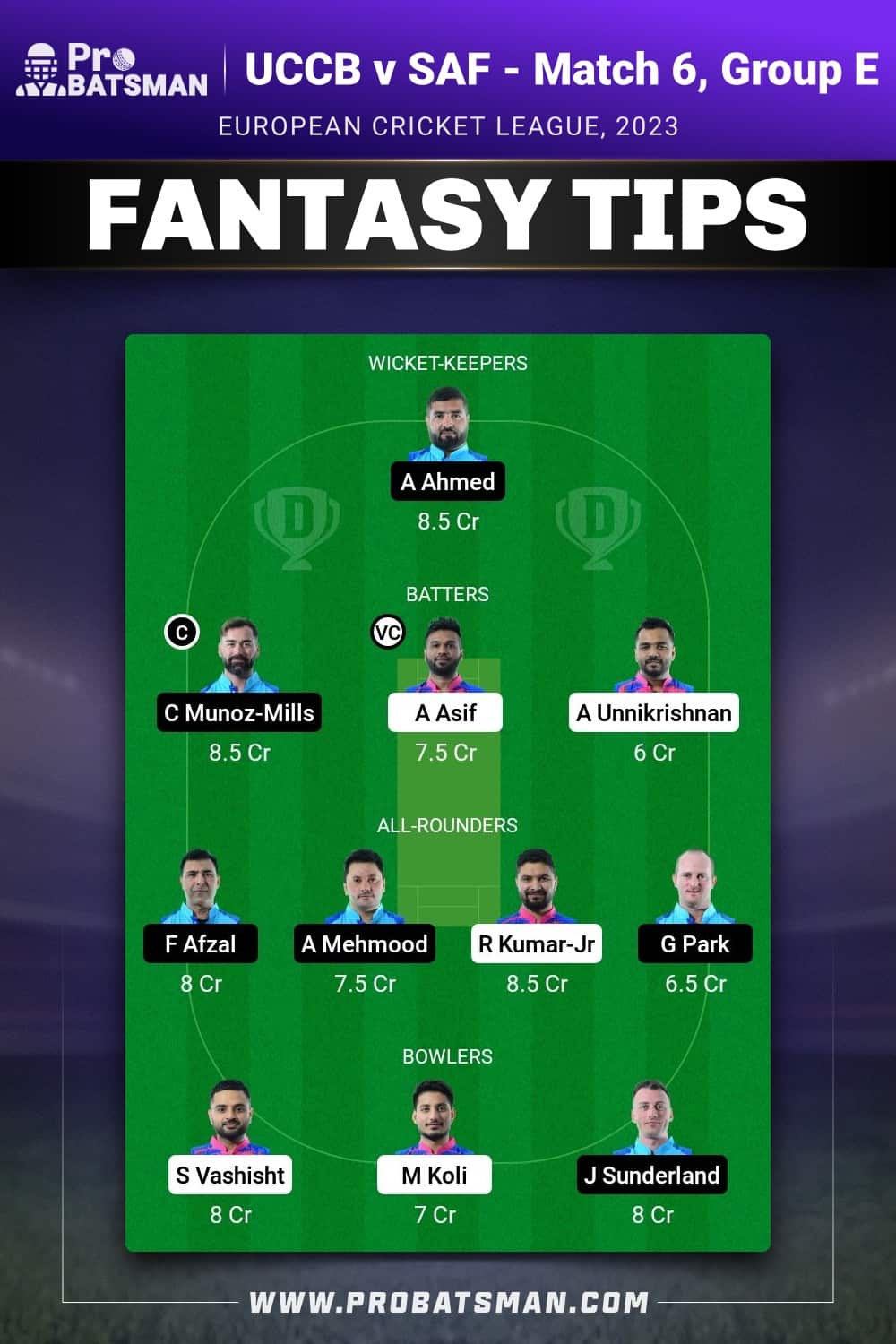 UCCB vs SAF Dream11 Prediction - Fantasy Team 2