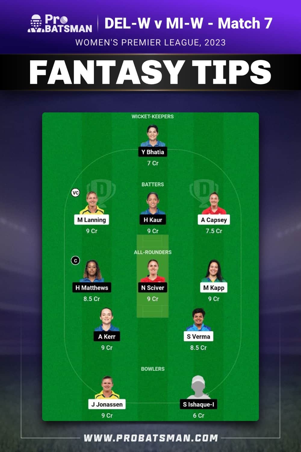 DEL-W vs MI-W Dream11 Prediction - Fantasy Team 1