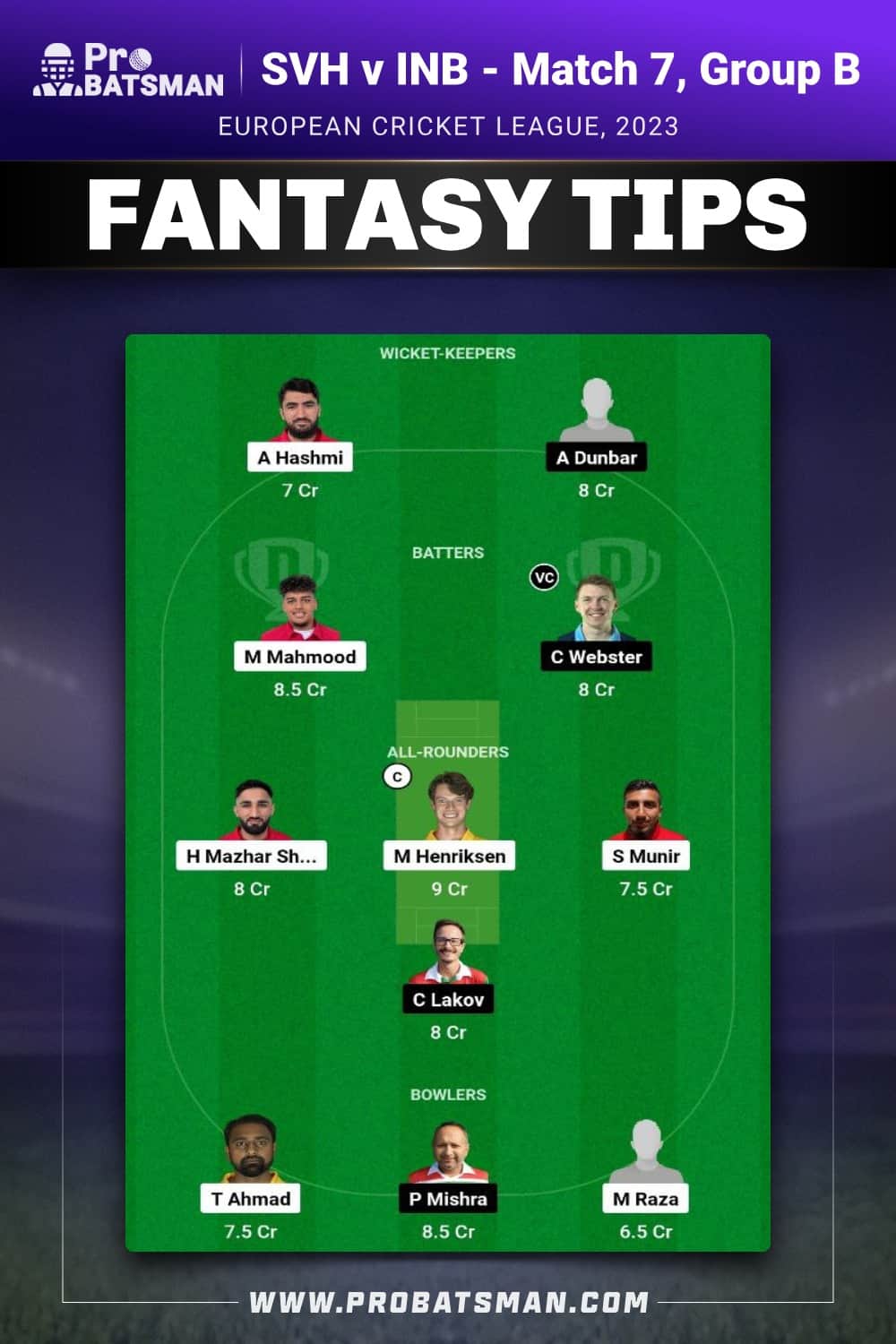 SVH vs INB Dream11 Prediction - Fantasy Team 1