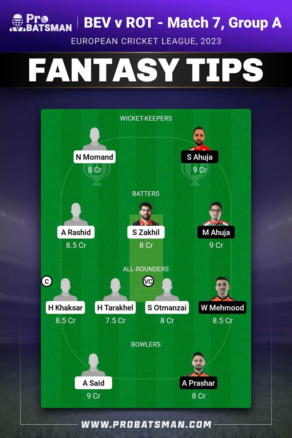 BEV vs ROT Dream11 Prediction - Fantasy Team 1