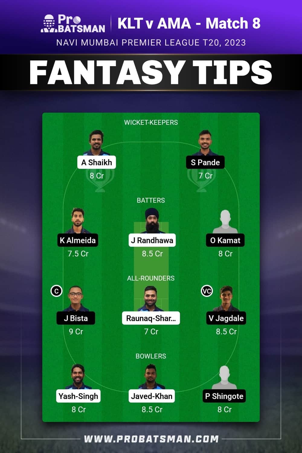 KLT vs AMA Dream11 Prediction - Fantasy Team 1