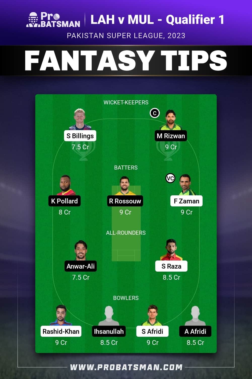 LAH vs MUL Dream11 Prediction - Fantasy Team 1