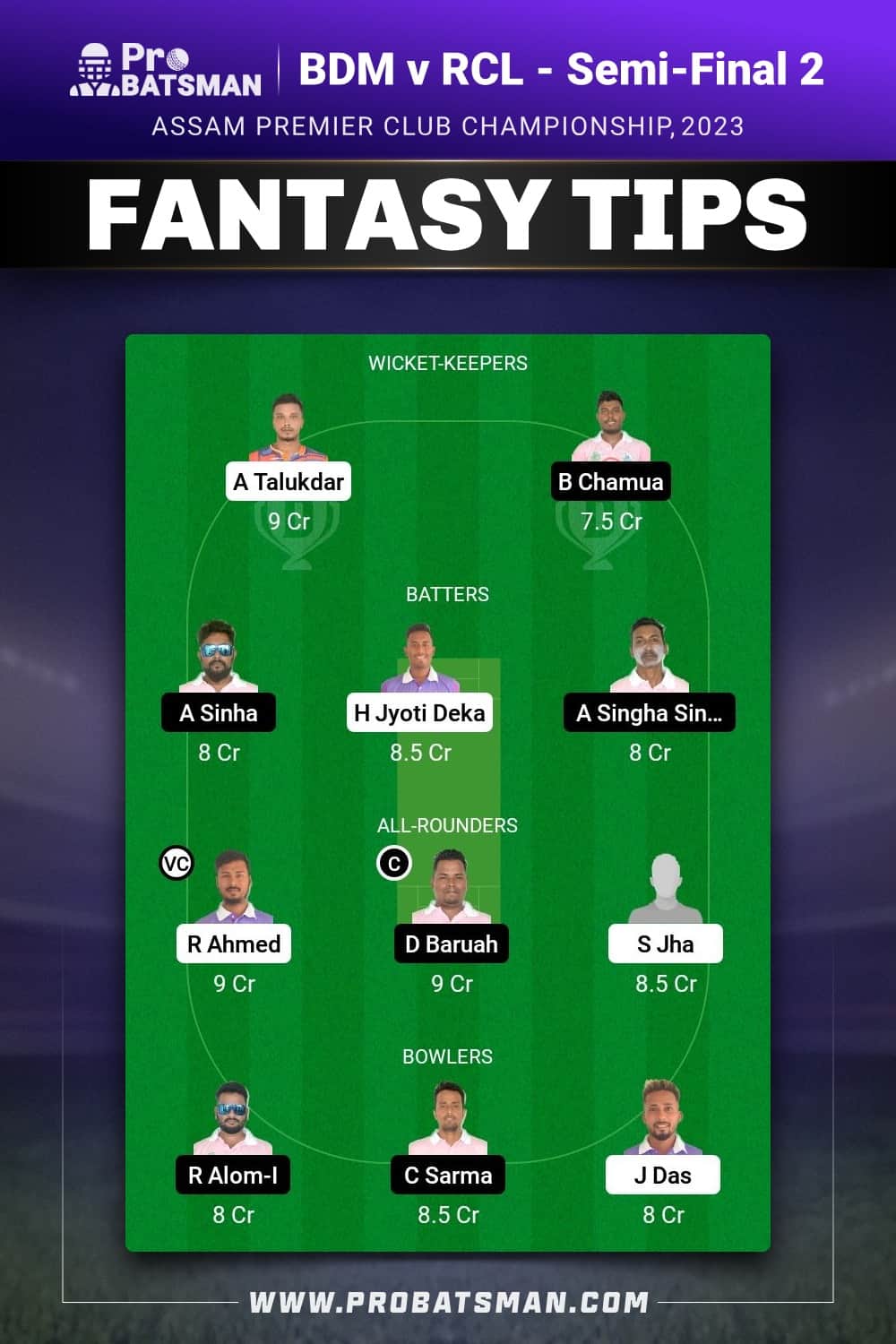 BDM vs RCL Dream11 Prediction - Fantasy Team 1