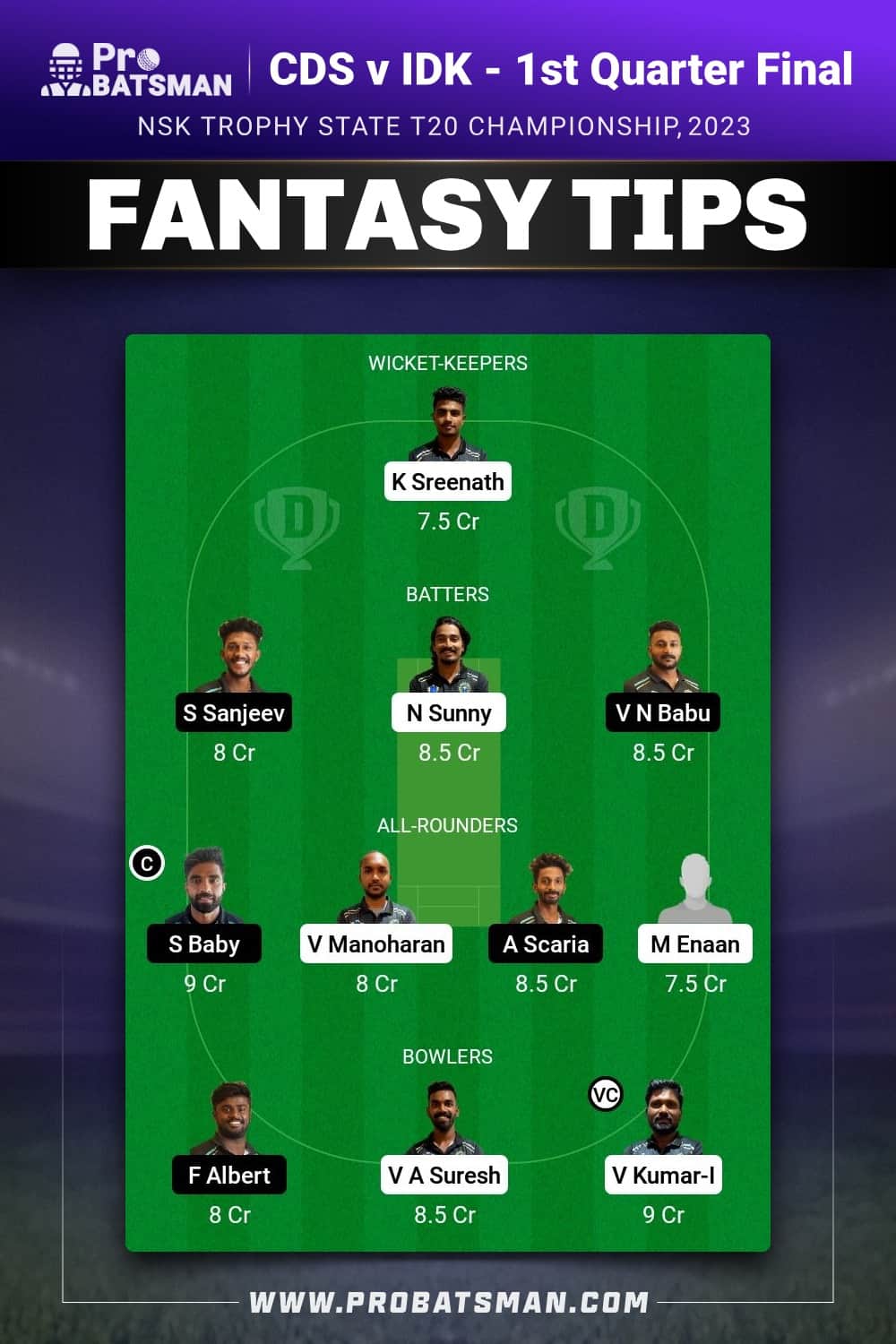 CDS vs IDK Dream11 Prediction - Fantasy Team 1