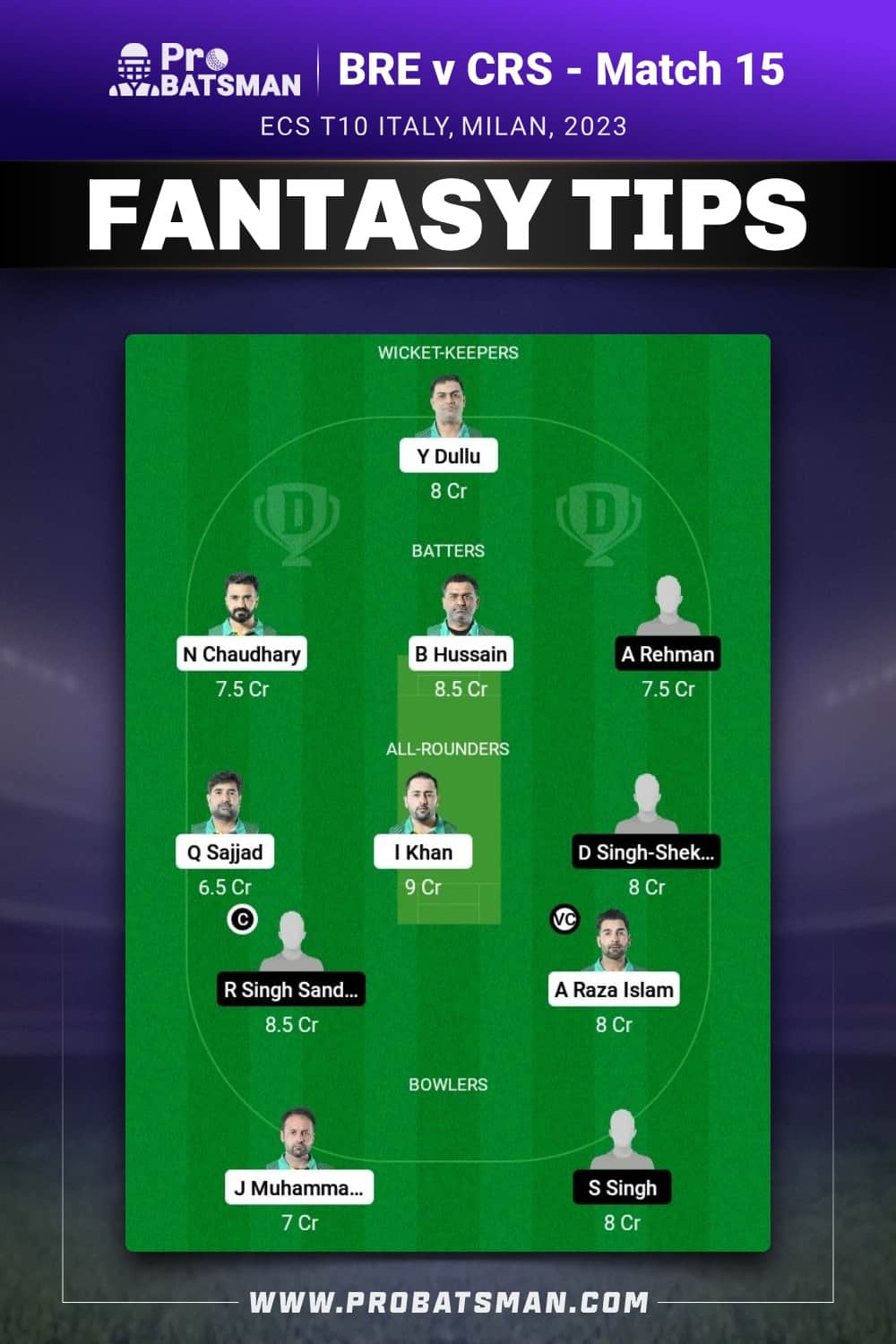 BRE vs CRS Dream11 Prediction - Fantasy Team 1 BRE vs CRS Dream11 Prediction - Fantasy Team 1