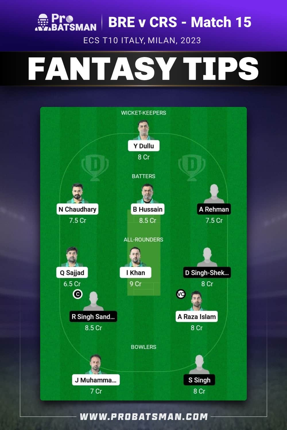 BRE vs CRS Dream11 Prediction - Fantasy Team 1