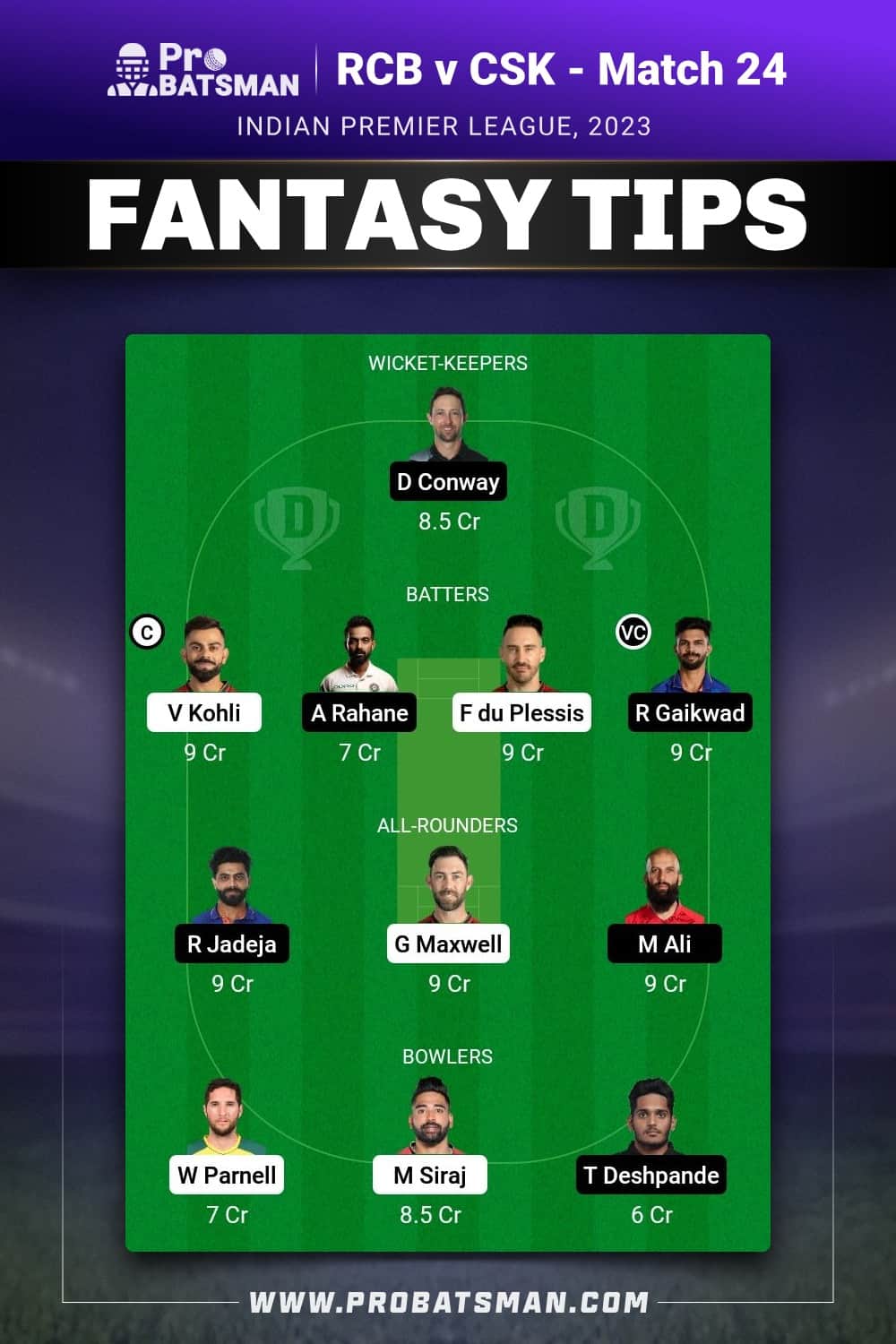 RCB vs CHE Dream11 Prediction - Fantasy Team 1