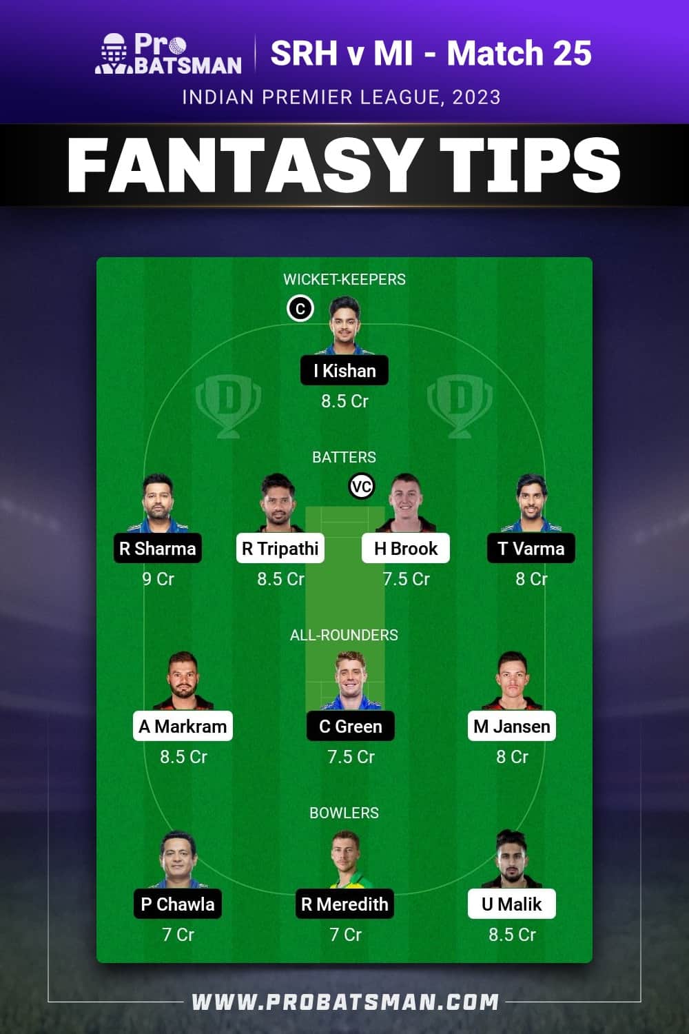 SRH vs MI Dream11 Prediction - Fantasy Team 1