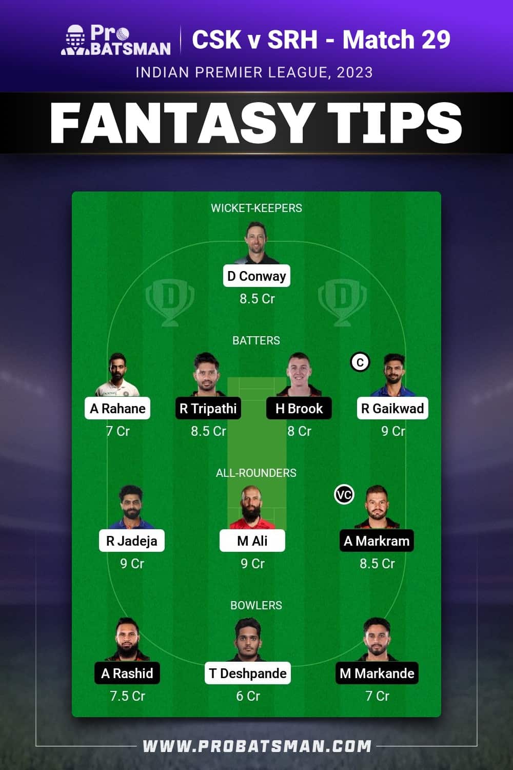 CHE vs SRH Dream11 Prediction - Fantasy Team 1