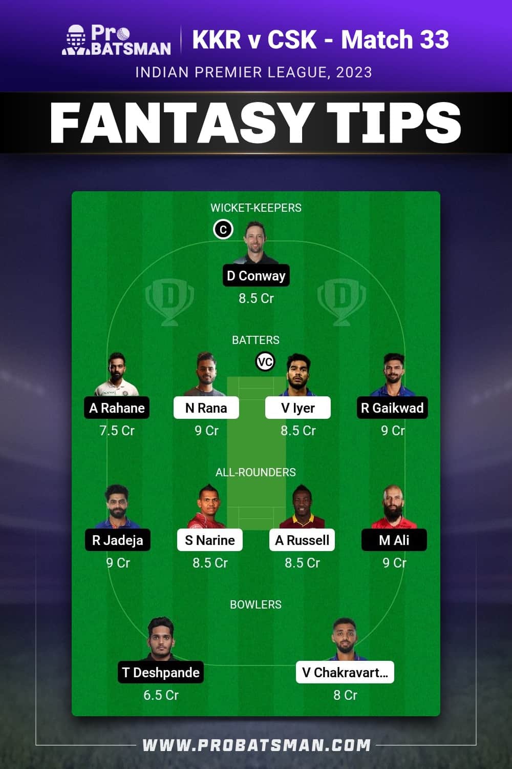 KOL vs CHE Dream11 Prediction - Fantasy Team 1